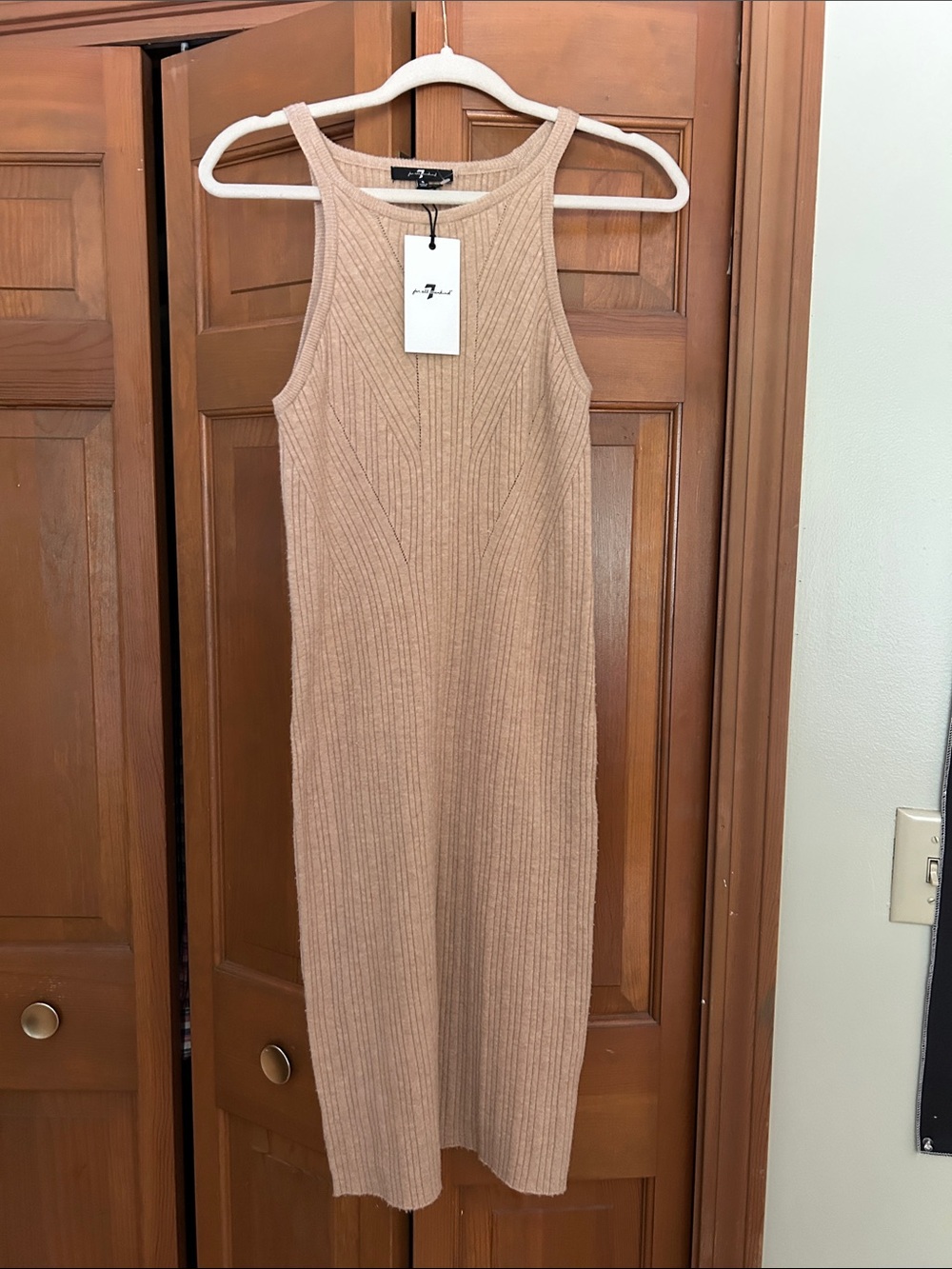 7 for All Mankind Ribbed Knit Sleeveless/Tank Midi Dress - Beige